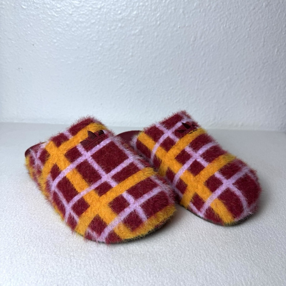 Adidas Adimule Slides Team Victory Red Fuzzy Plaid Wonens 7 Mules Clogs *Sample